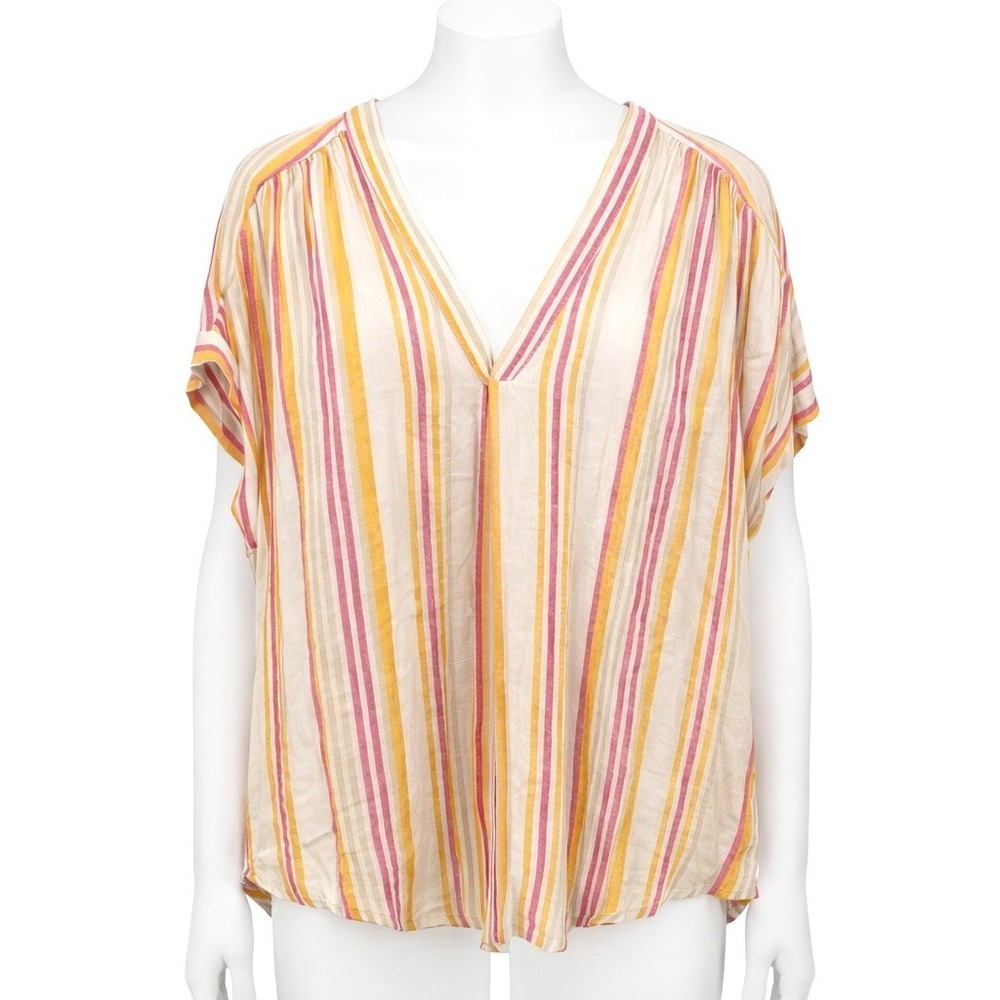 Cato Womens Striped Rayon Linen Top V-Neck Cap Sleeve‎ Flowy Blouse Resort Sz XL